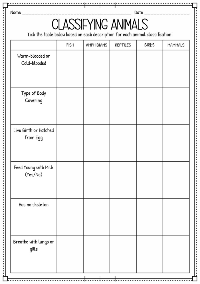 Worksheet for classifying various animals in a life sciences activity for second graders