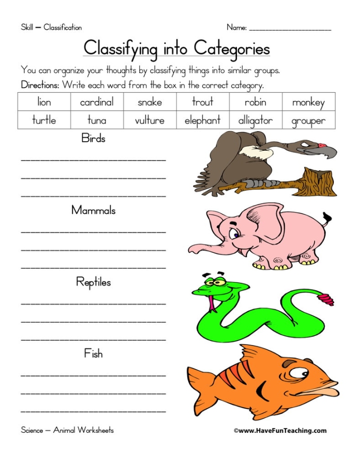 Classifying Animals worksheet for second graders featuring various animals to match