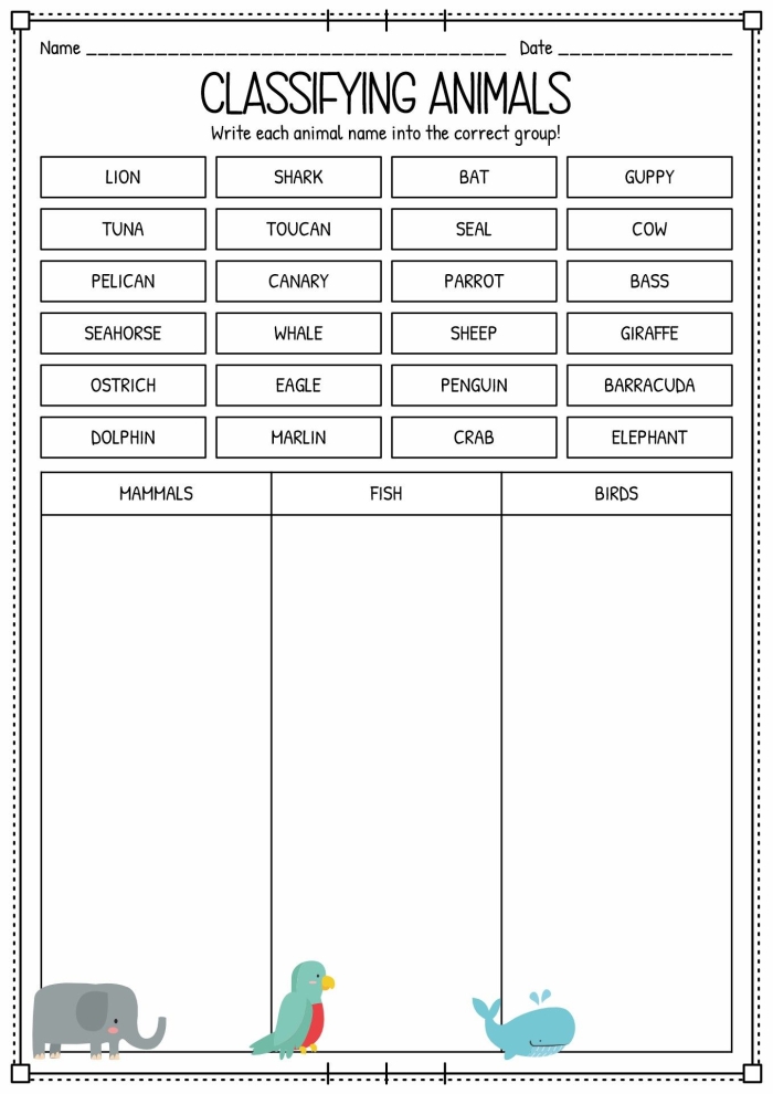 Second grade student worksheet featuring matching activities for classifying animals by category