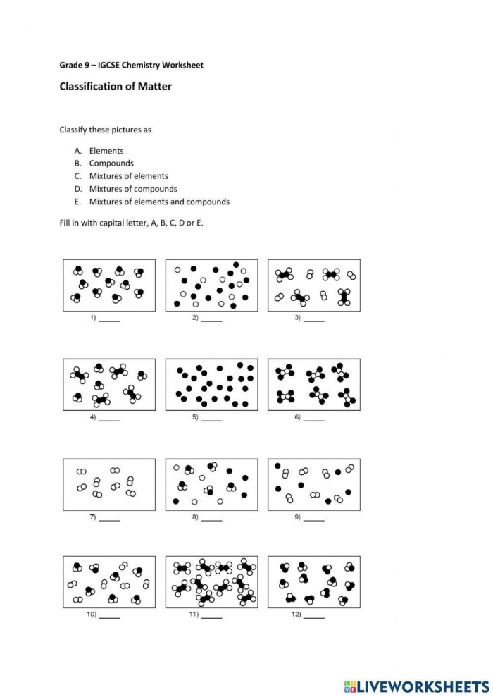 Sixth grade science worksheet displaying particle diagrams for classifying different states of matter
