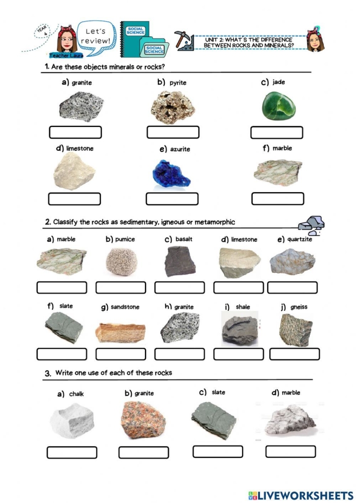 Introduction to rock classification for young learners in grade three Classifying Rocks worksheet for third graders featuring various rock types
