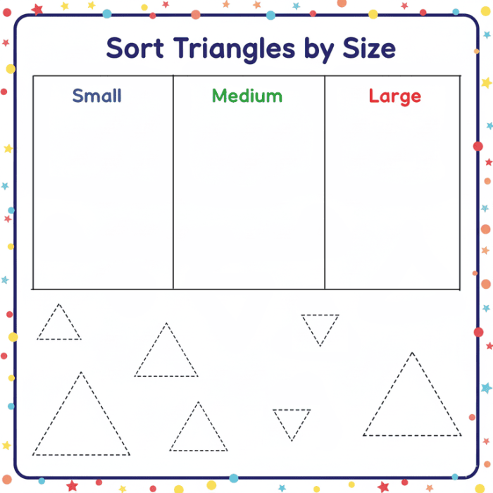 Fifth grade math worksheet showing various triangles labeled by angle type for classification practice