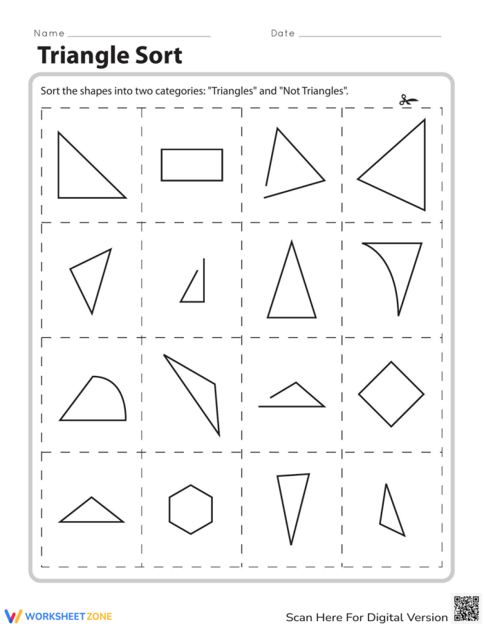 Fifth grade worksheet for sorting triangles by acute right or obtuse angle types 19
