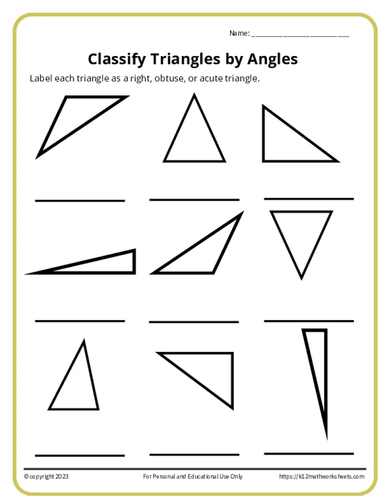 Geometry practice sheet for classifying triangles by side length for grade three students Third grade math worksheet for identifying and labeling equilateral, isosceles, and scalene triangles
