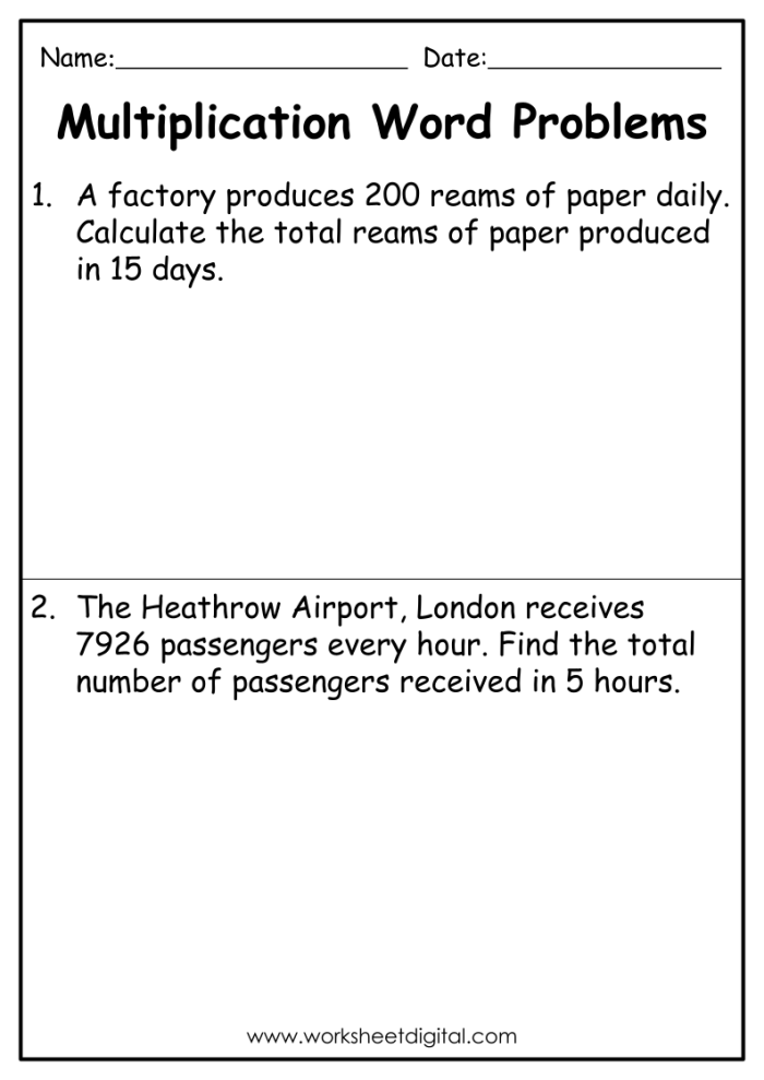 Classroom Math Multiplication Word Problems Worksheet 21 Fourth grade multiplication word problems worksheet featuring five two-digit math challenges