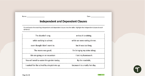 Seventh-grade worksheet featuring sentences for identifying dependent and independent clauses