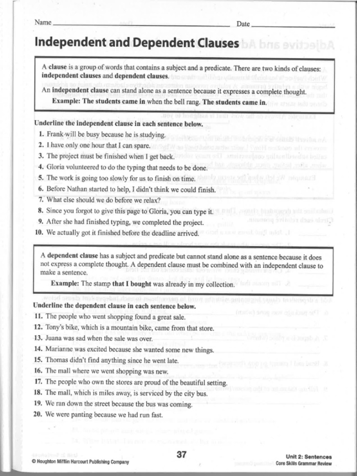 Seventh-grade worksheet focused on identifying dependent and independent clauses in complex sentences