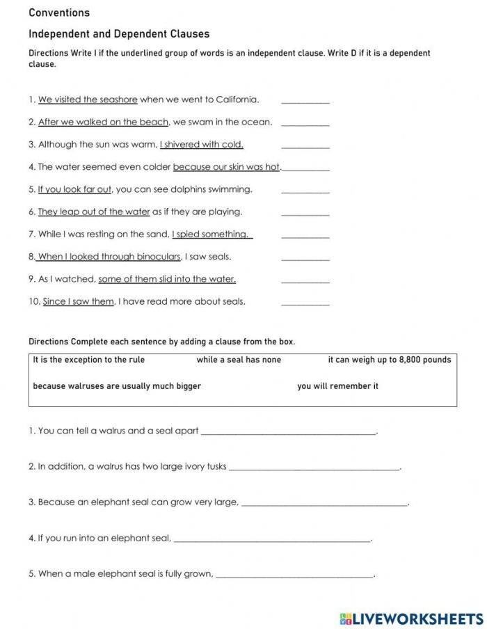 Seventh-grade worksheet focused on identifying dependent and independent clauses in sentences