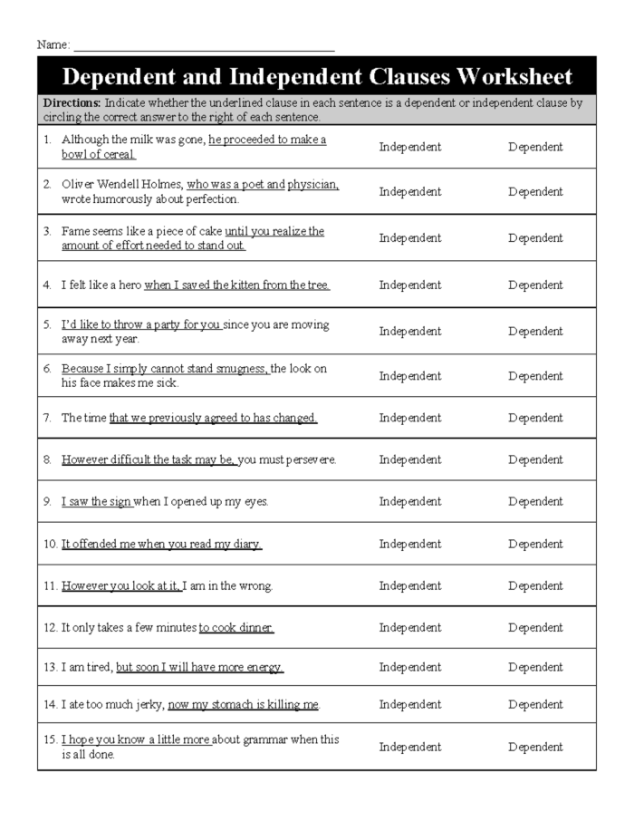 Seventh-grade worksheet for identifying dependent and independent clauses in complex sentences