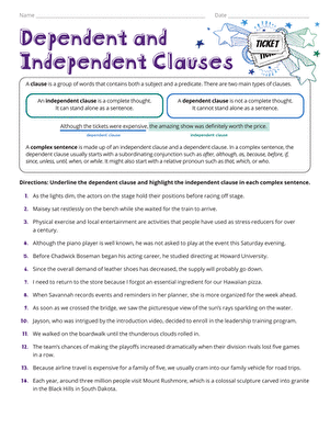 Seventh grade grammar worksheet focusing on identifying dependent and independent clauses within complex sentences