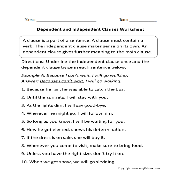 Seventh-grade grammar worksheet for identifying dependent and independent clauses in sentences