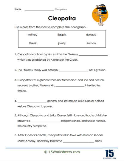 Image of a worksheet featuring Cleopatra's influence in history for fourth graders