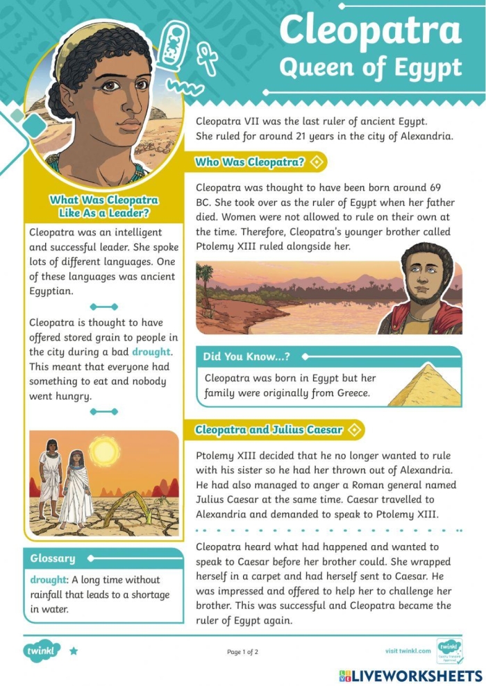 Illustration of Cleopatra with symbols of ancient Egypt and her historical influence