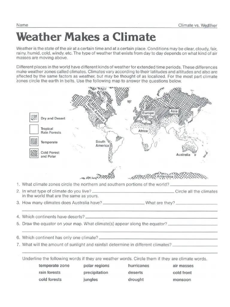 Worksheet on understanding climate maps and their significance in geography for fourth graders Illustration of a climate map showing the various climate zones of Africa for educational purposes