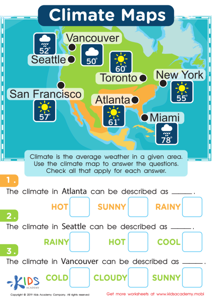Educational resource showing how to interpret climate data through maps in a worksheet format Illustration of a climate map worksheet focused on Africa for fourth graders learning ratios and proportions