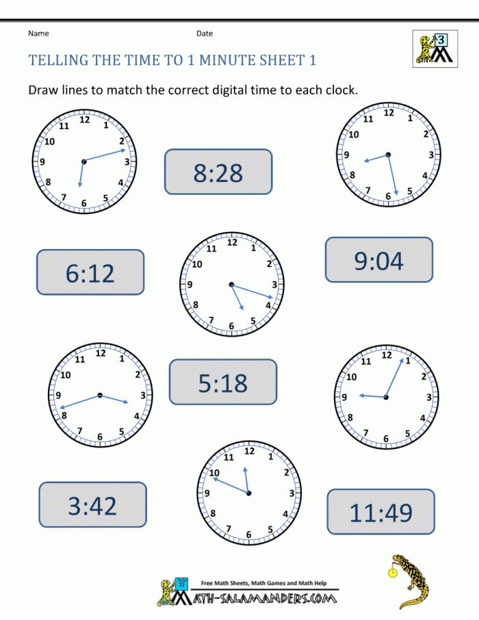 Second grade students matching analog clock faces to digital time displays on a practice worksheet