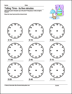 Clock math worksheet for telling time to the nearest five minutes for second graders