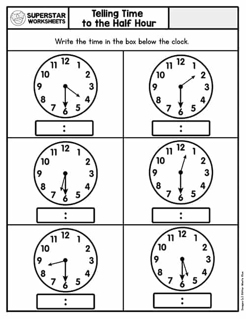 Worksheet featuring 11 analog clocks for first graders to practice telling time to the half hour. On the Half Hour: Telling Time with Clockwork Cat worksheet for learning fractions.