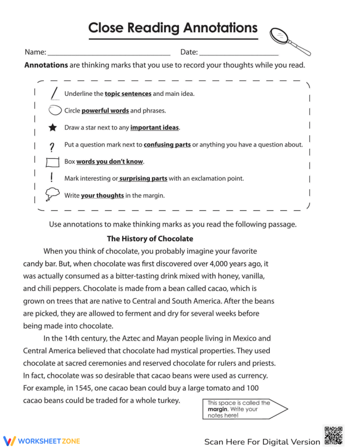 Engaging chocolate-themed exercise for teaching close reading skills Close Reading Annotations worksheet featuring a fun chocolate theme for fourth graders