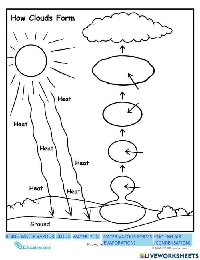 Diagram showing water evaporation and condensation steps in cloud formation with labeled blanks for second grade students