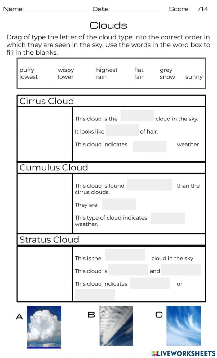 Second grade science worksheet illustrating the steps of cloud formation with fill-in-the-blank questions