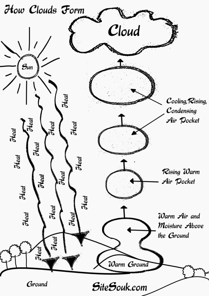 Second grade science worksheet about how clouds form with fill-in-the-blank questions and a diagram