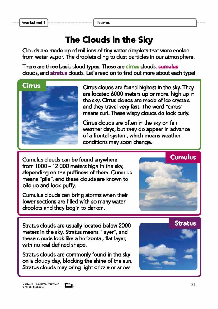 Second grade worksheet about how clouds form with a diagram and fill-in-the-blank questions