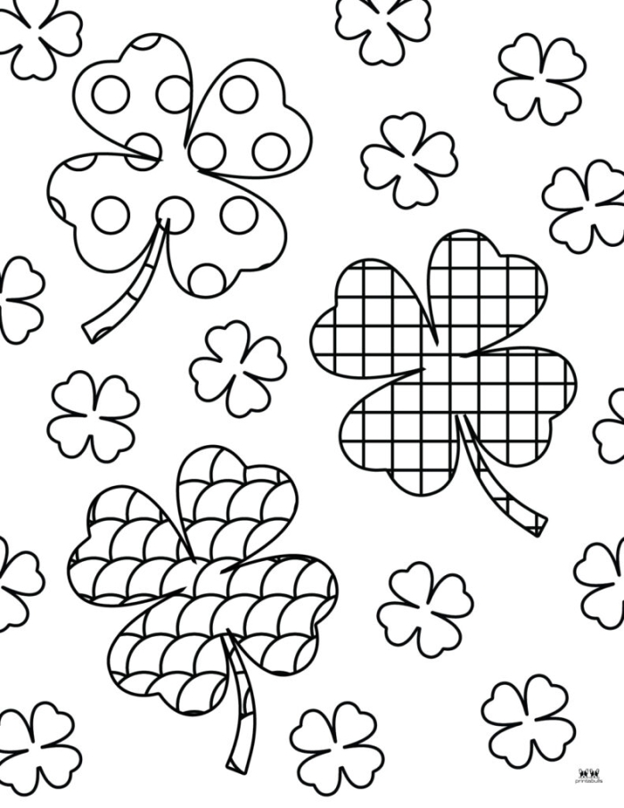 Pre-K coloring page featuring a leprechaun hat overflowing with clover leaves for St. Patrick's Day