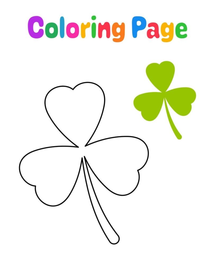 Clover coloring page worksheet featuring a variety of clovers emerging from a festive hat for St. Patrick's Day