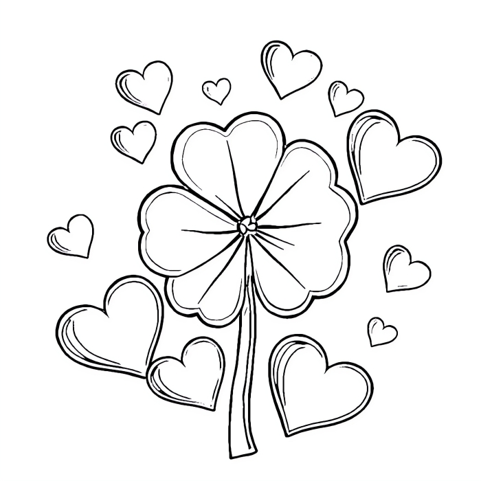 Coloring page featuring a festive clover scene with a hat, perfect for St. Patrick's Day activities. Clover Coloring Page worksheet for Pre-K students celebrating sight words.