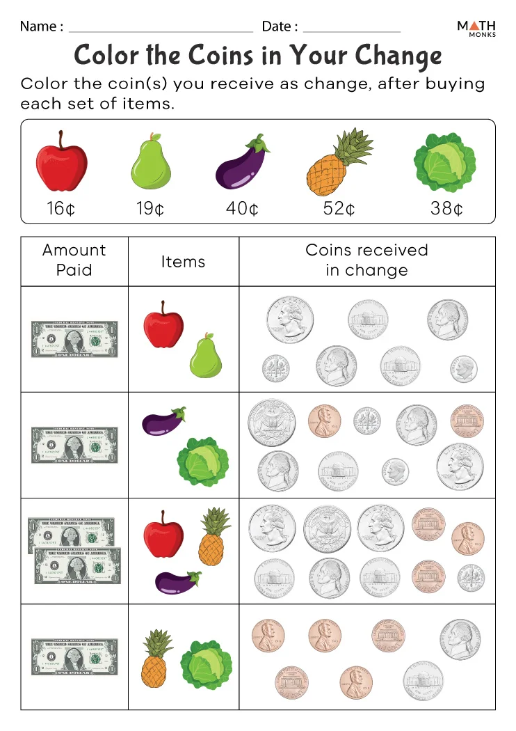A second grade student calculating the total cost of coffee orders and practicing subtraction to make change for a worksheet