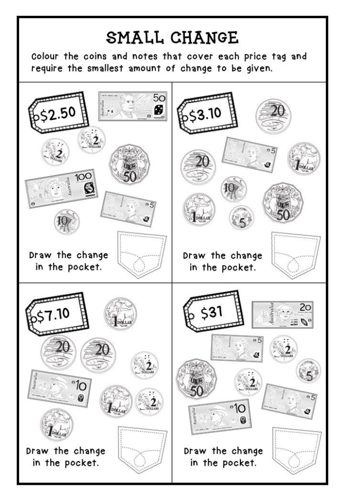 Colorful worksheet for second graders focusing on making change in a coffee shop setting