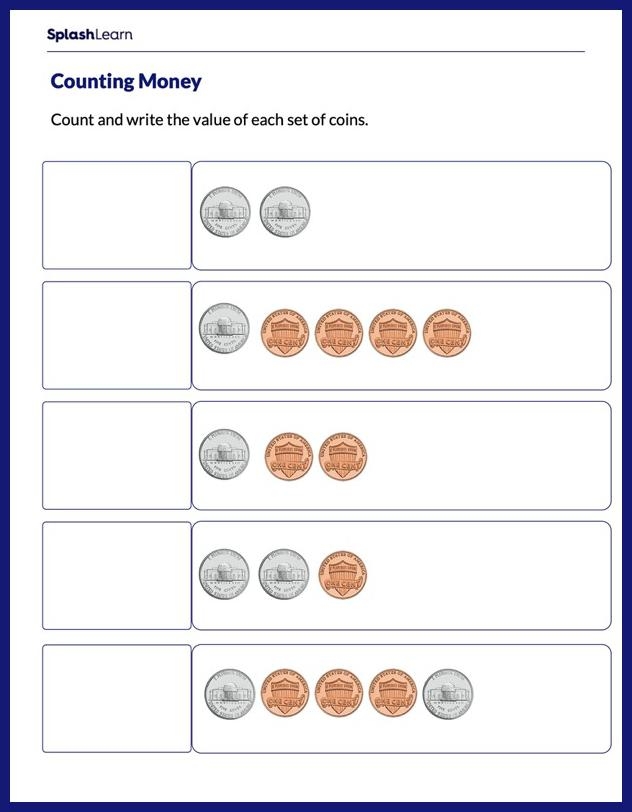 Coin and Dollar Addition Money Math Worksheet for Young Learners Second grade student counting coins and dollar bills to add up money amounts for shopping practice
