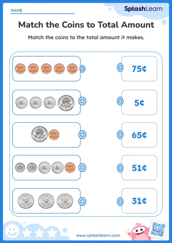 Coin Matching worksheet for kindergarten students to practice recognizing different coins