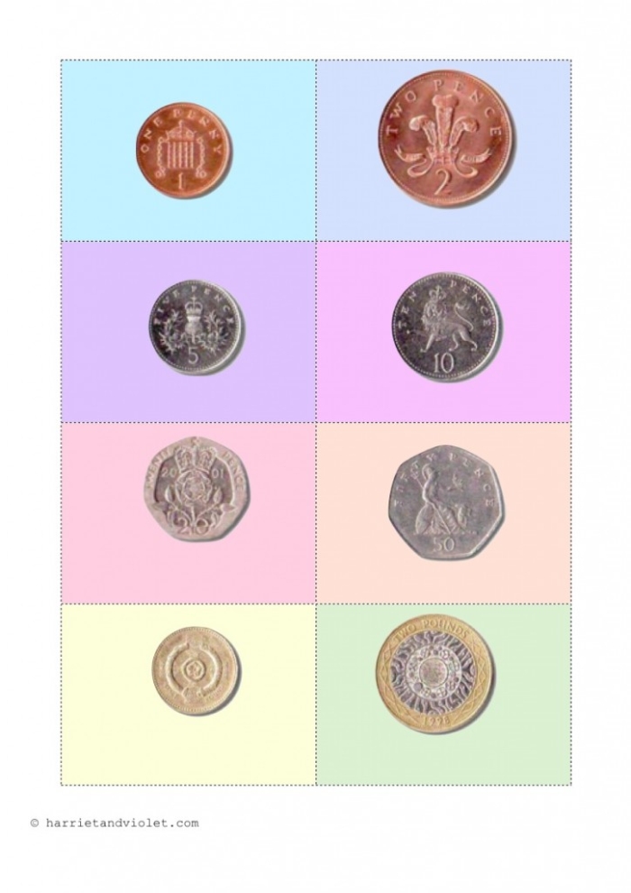 Kindergarten student completing a coin matching worksheet to identify different currency values