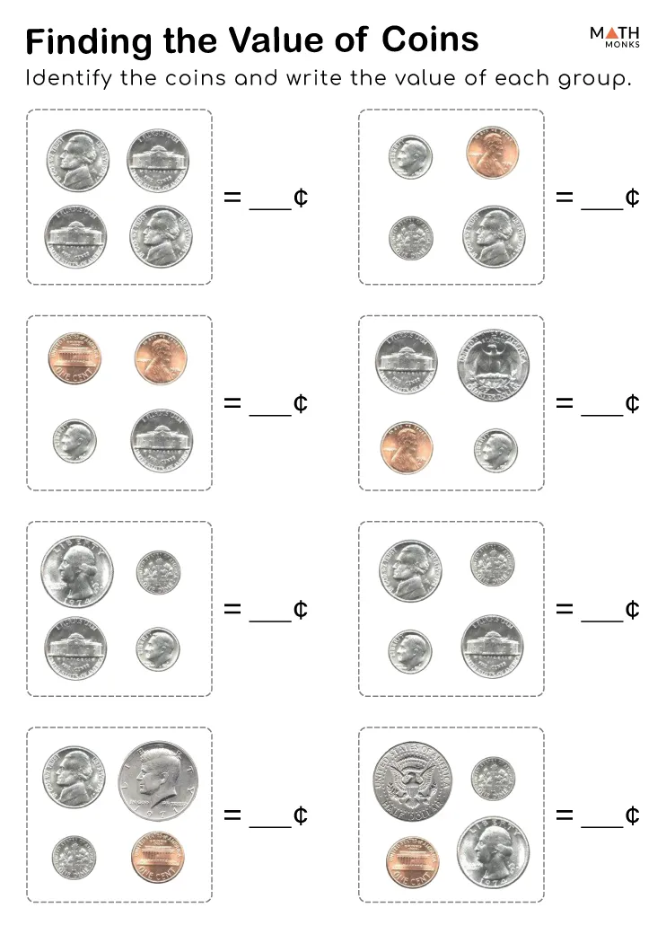 Second grade math worksheet showing penny, nickel, and dime coins with identification exercises for assessing coin recognition skills