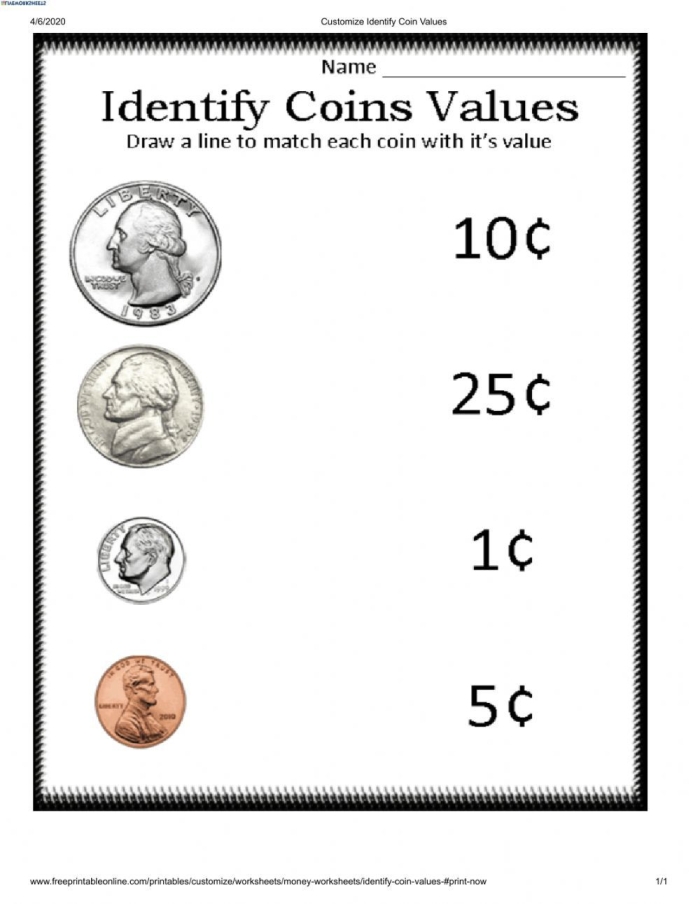 Kindergarten student counting pennies and nickels together with coin addition problems on a worksheet