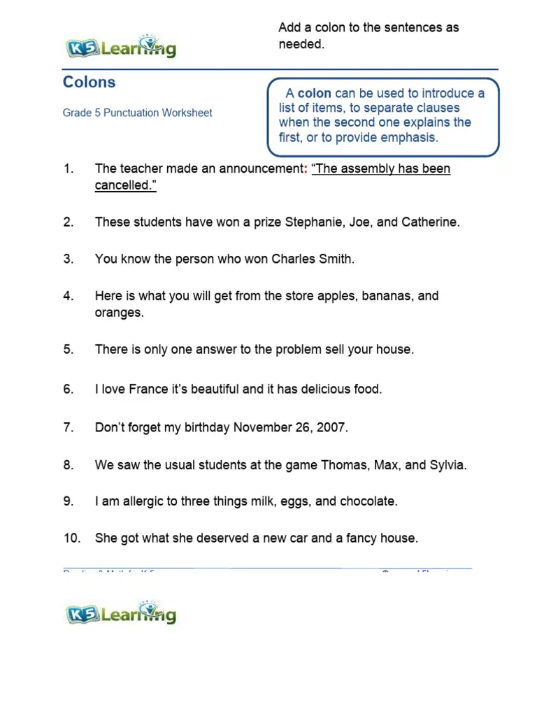 Colon Usage worksheet for seventh-grade students focusing on punctuation practice