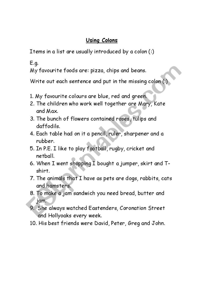 Seventh grade student practicing correct colon usage on an interactive punctuation worksheet