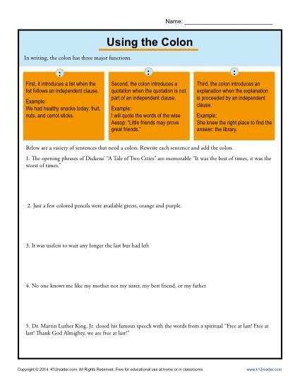 Colon Usage worksheet for seventh graders focusing on punctuation practice