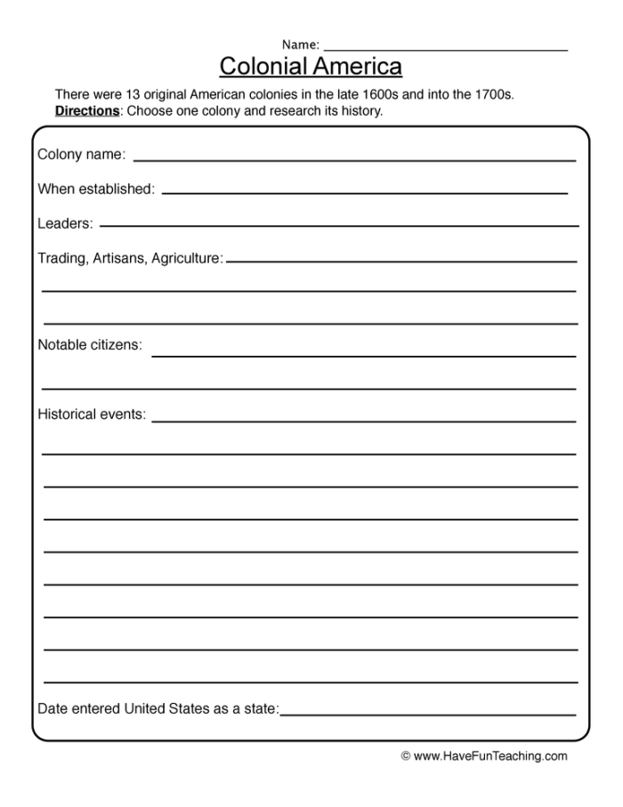 Third grade student worksheet focusing on distinguishing between facts and opinions about Colonial America history