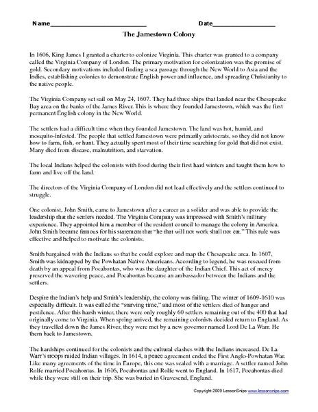 Jamestown Colony Social Studies Worksheet for Fourth Graders Colonial America worksheet focused on Jamestown and its key settlers for fourth-grade students