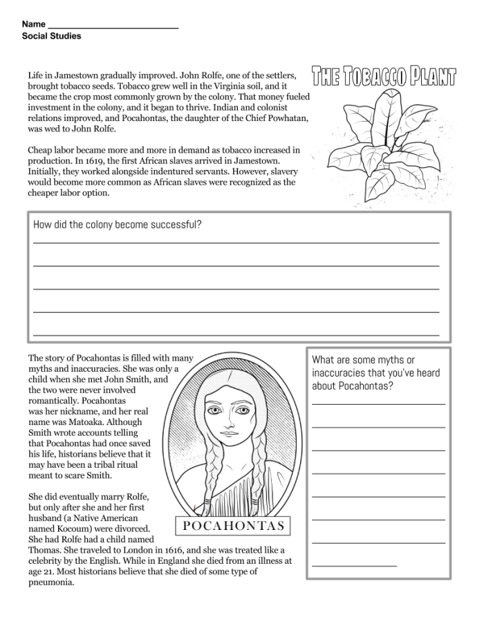 Jamestown Colony Educational Worksheet for Social Studies Colonial America Jamestown worksheet for fourth graders featuring key settlers and historical facts
