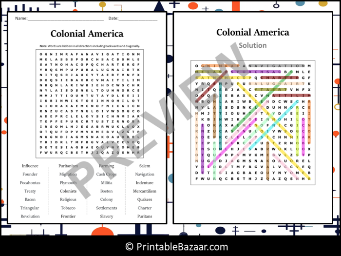 Fifth grade student solving a colonial American history word search puzzle