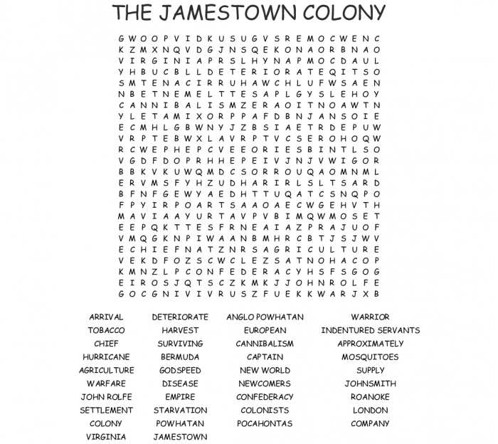 Colonial Word Search puzzle with hidden American history vocabulary words for fifth grade students