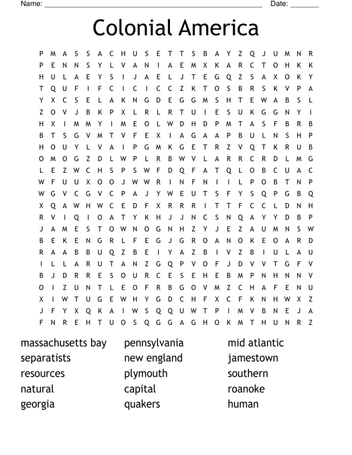 Fifth grade American history colonial word search worksheet 21