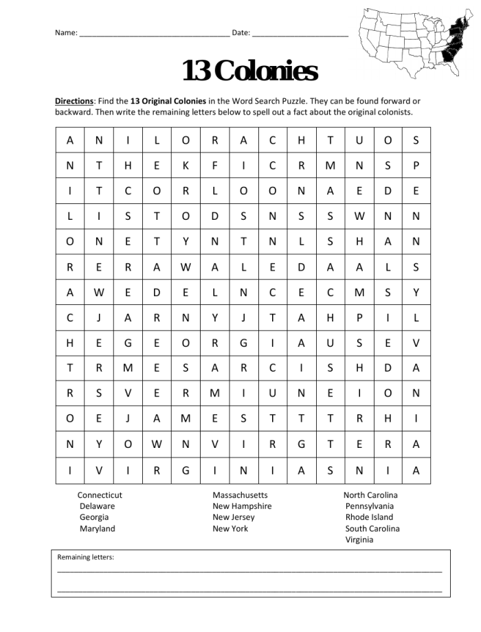 Fifth grade colonial history word search puzzle worksheet for American history studies