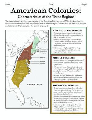 Sixth grade social studies worksheet displaying a map and details of the three colonial regions in the 1700s