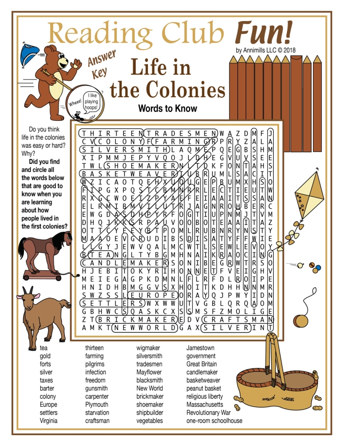 Fifth grade students solving a colonial American history word search puzzle worksheet