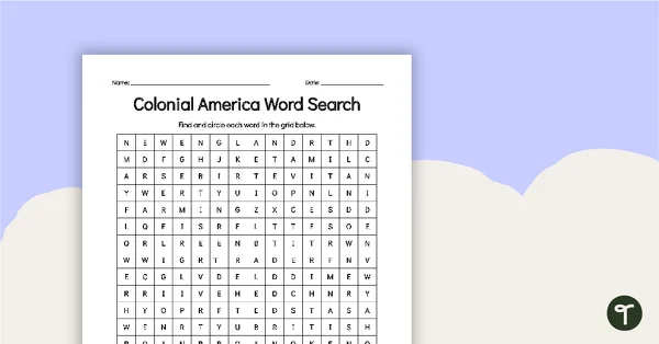 Fifth grade Colonial Word Search worksheet activity for American history